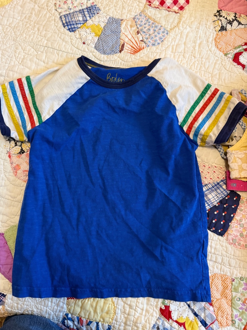 Kids Boden Royal Blue Raglan Tee with Rainbow Stripe Sleeves